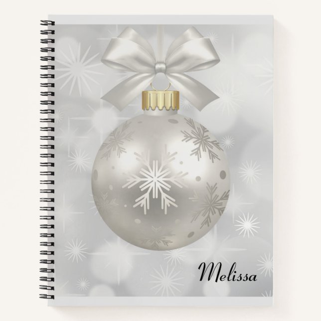Elegant Silver Christmas Ball on Bokeh Lights Notebook (Front)