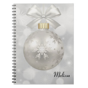 Elegant Silver Christmas Ball on Bokeh Lights Notebook