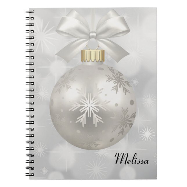 Elegant Silver Christmas Ball on Bokeh Lights Notebook (Front)