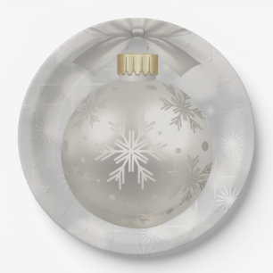 Elegant Silver Christmas Ball on Bokeh Lights Paper Plates