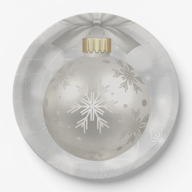 Elegant Silver Christmas Ball on Bokeh Lights Paper Plates (Front)