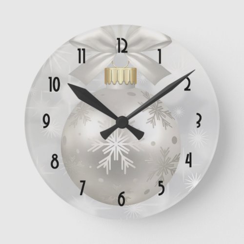 Elegant Silver Christmas Ball on Bokeh Lights Round Clock