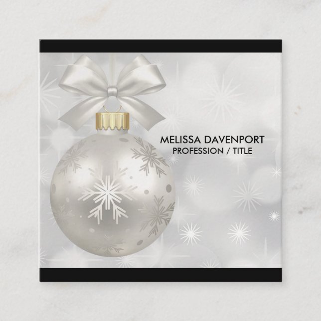 Elegant Silver Christmas Ball on Bokeh Lights Square Business Card (Front)