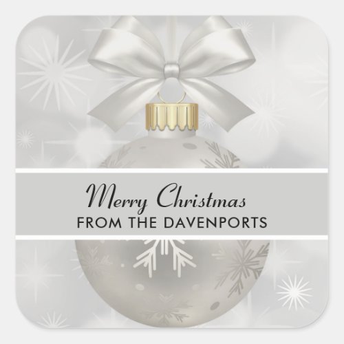 Elegant Silver Christmas Ball on Bokeh Lights Square Sticker