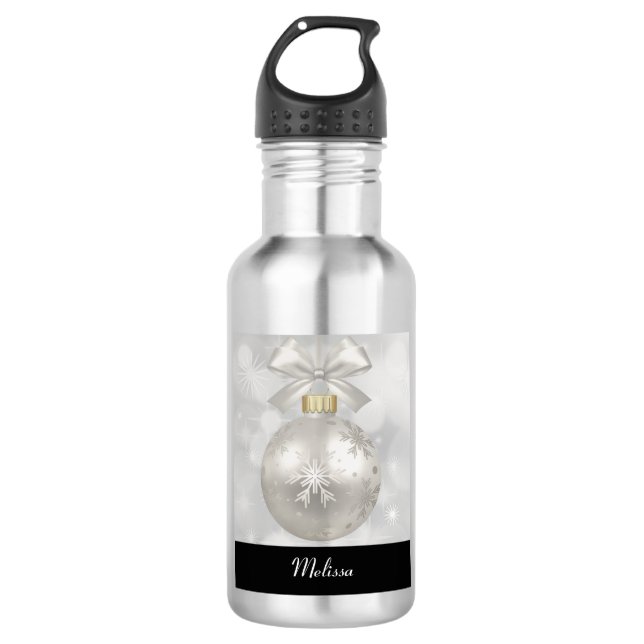 Elegant Silver Christmas Ball on Bokeh Lights Stainless Steel Water Bottle (Front)
