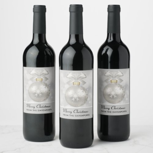 Elegant Silver Christmas Ball on Bokeh Lights Wine Label