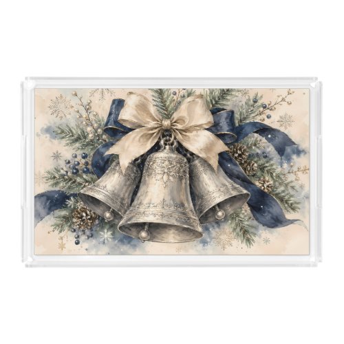 Elegant Silver Christmas Bells Watercolor Acrylic Tray