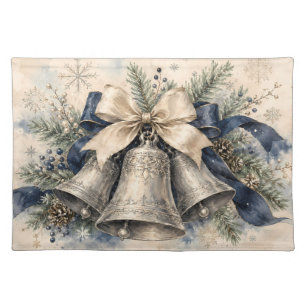 Elegant Silver Christmas Bells Watercolor Cloth Placemat
