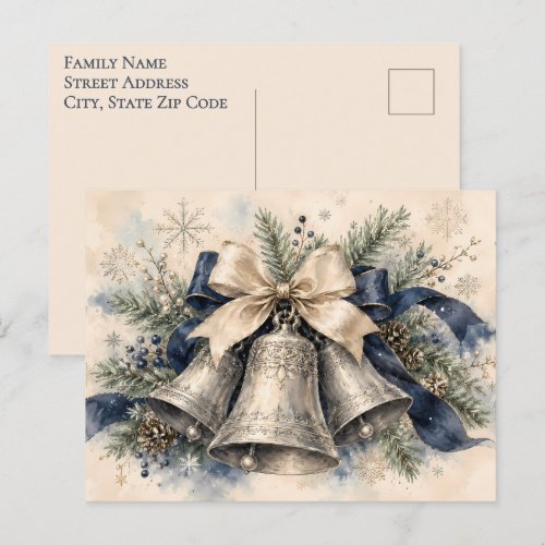 Elegant Silver Christmas Bells Watercolor Holiday Postcard