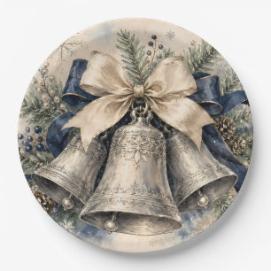 Elegant Silver Christmas Bells Watercolor Paper Plates