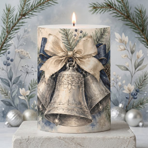 Elegant Silver Christmas Bells Watercolor Pillar Candle