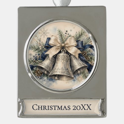 Elegant Silver Christmas Bells Watercolor Plated Banner Ornament