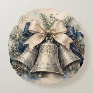 Elegant Silver Christmas Bells Watercolor Round Pillow