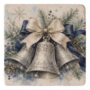 Elegant Silver Christmas Bells Watercolor Trivet