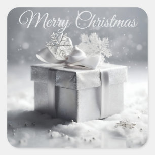 Elegant Silver Christmas Gift Box with Snowflakes Square Sticker