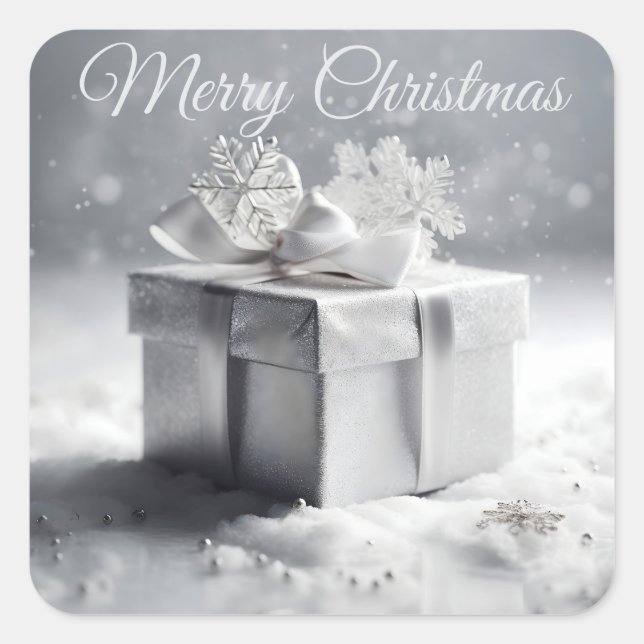 Elegant Silver Christmas Gift Box with Snowflakes  Square Sticker (Front)