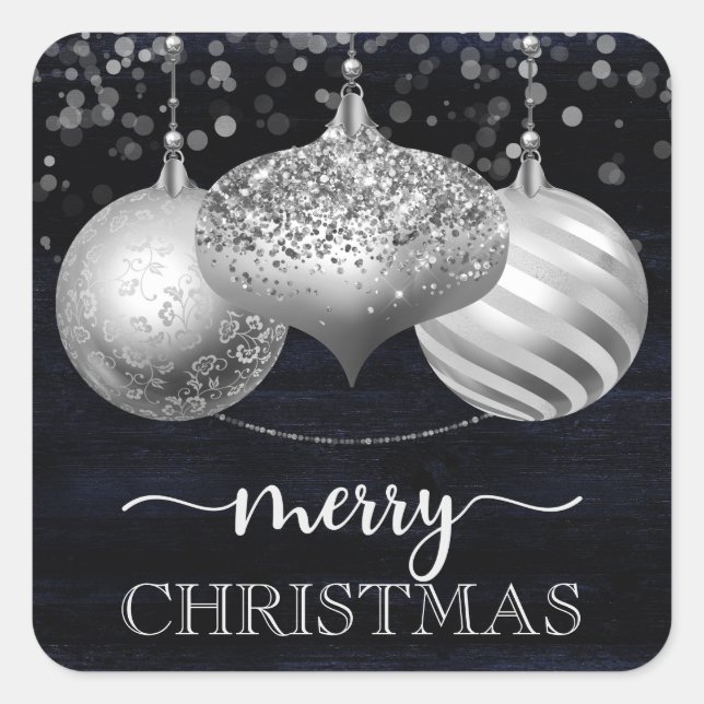 Elegant Silver Christmas Ornaments Square Sticker (Front)