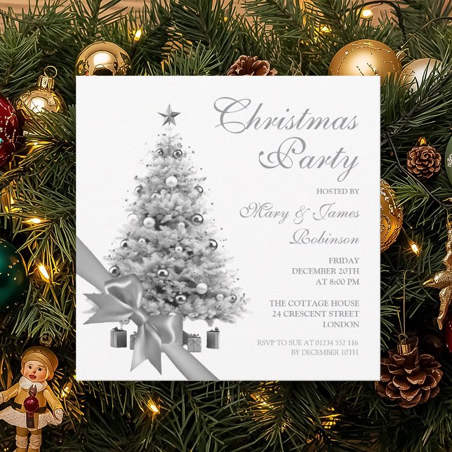 Elegant Silver Christmas Tree & Bow Holiday Party  Invitation (Elegant Silver Christmas Tree & Bow Holiday Party Invitation)