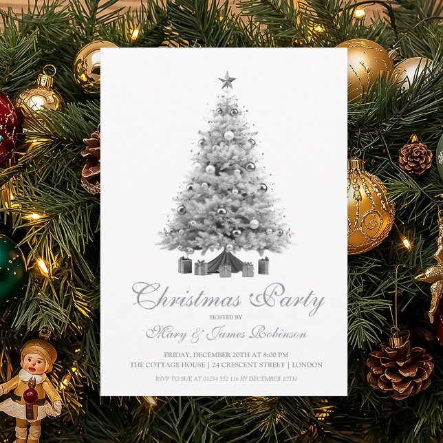Elegant Silver Christmas Tree Holiday Party  Invitation (Elegant Silver Christmas Tree Holiday Party Invitation)