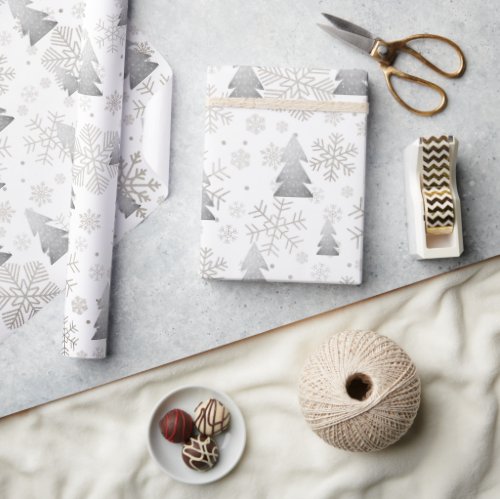 Elegant Silver Christmas Tree Snowflake Wrapping Paper