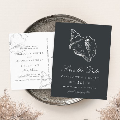 Elegant Silver Conch Shell Wedding Save the Date Announcement Postcard