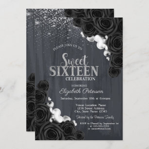 Elegant  Silver Confetti Black Roses Sweet 16 Invitation