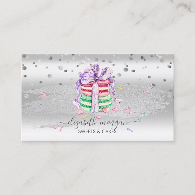 Elegant Silver Confetti,Brush Stroke,Macarons Business Card (Front)