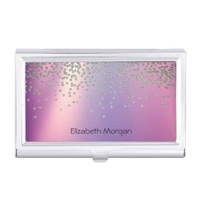 Elegant Silver Confetti Diamonds Purple Business Card Case (Front)