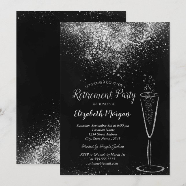 Elegant Silver Confetti Glass Black Retirement Invitation (Front/Back)