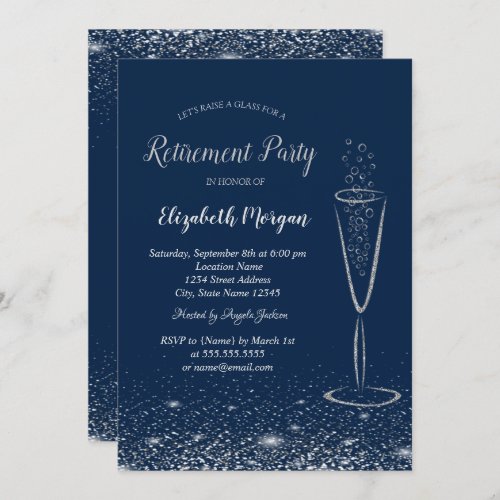 Elegant Silver Confetti Glass Navy Blue Retirement Invitation