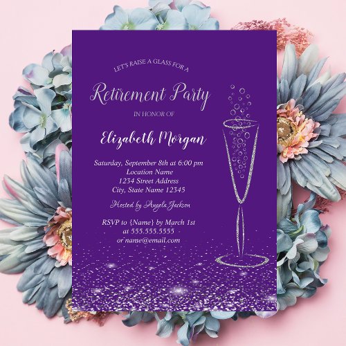 Elegant Silver Confetti Glass Purple Retirement Invitation