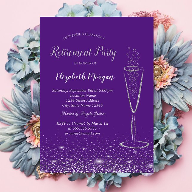 Elegant Silver Confetti Glass Purple Retirement Invitation (Creator Uploaded)