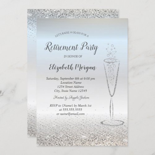 Elegant Silver Confetti Glass Silver Retirement Invitation
