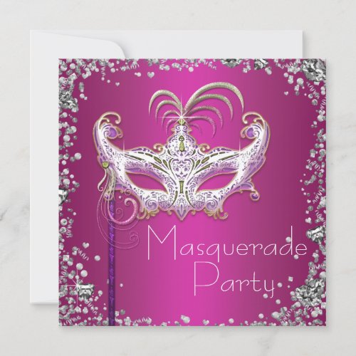 Elegant Silver Confetti Hot Pink Masquerade Party Custom Invite