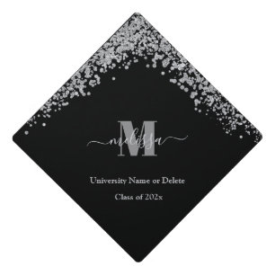 Elegant Silver confetti Monogram graduate name Graduation Cap Topper