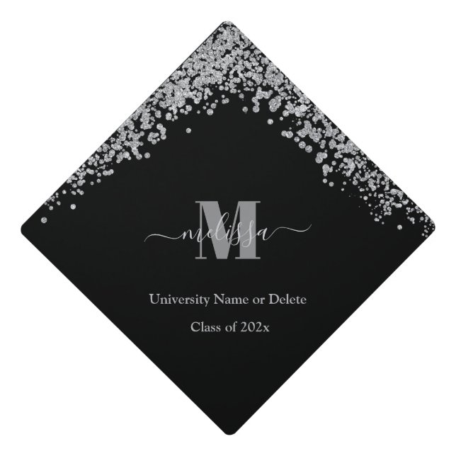 Elegant Silver confetti Monogram graduate name Graduation Cap Topper (Front)