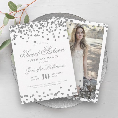 Elegant Silver Confetti Photo Sweet 16   Invitation