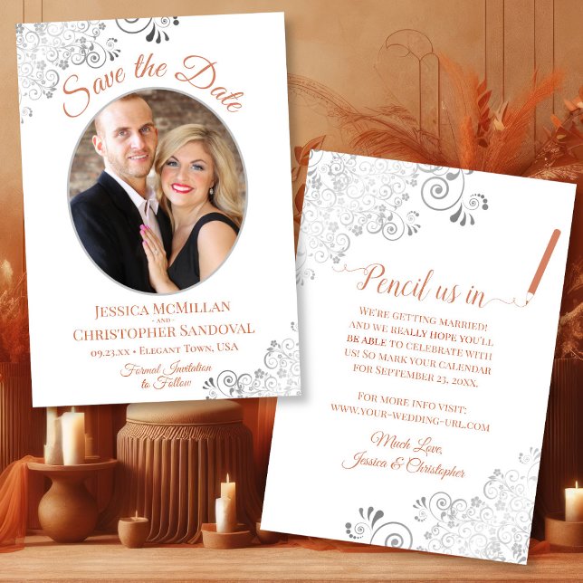 Elegant Silver & Coral on White Wedding Photo Save The Date (Creator Uploaded)