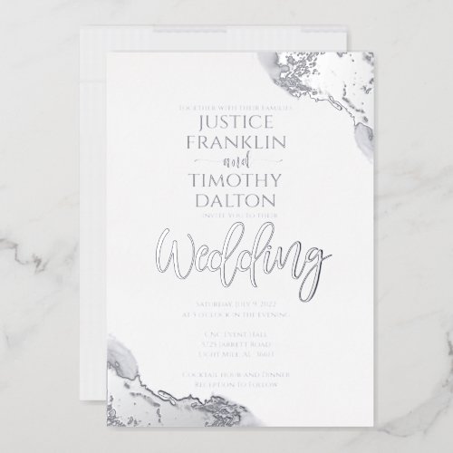 Elegant Silver Corner Border Traditional Wedding Foil Invitation