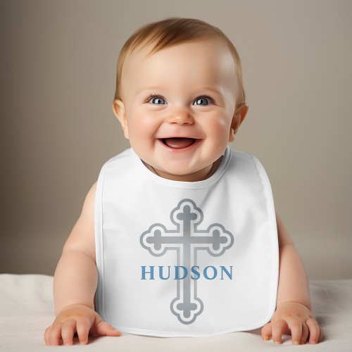 Elegant Silver Cross Baby Boy Baptism Blue Name Baby Bib