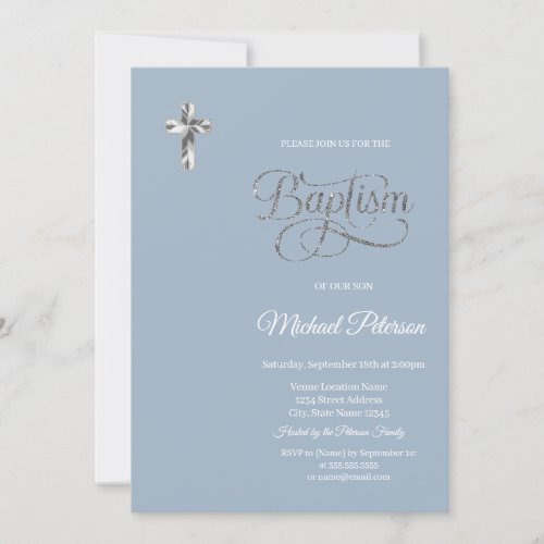  Elegant Silver Cross Baptism Dusty Blue Invitation