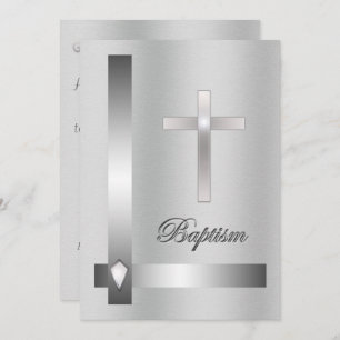Elegant silver Cross Baptism on metal background Invitation