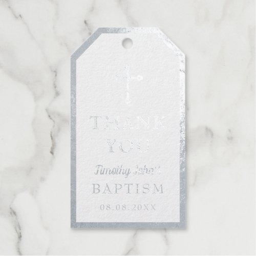Elegant Silver Cross Baptism Photo Foil Gift Tags