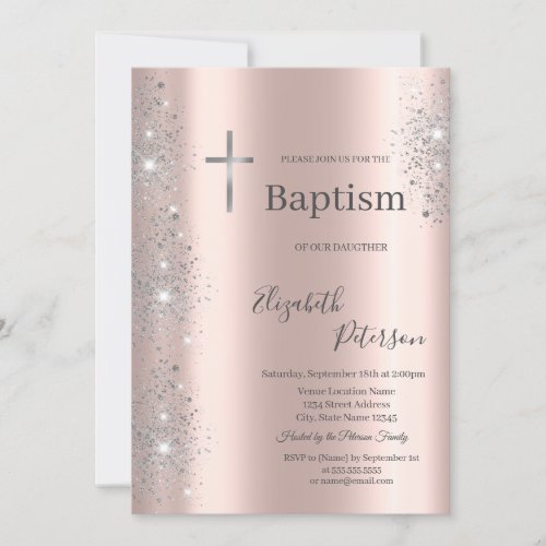 Elegant Silver Cross Baptism Rose Gold Glitter  Invitation