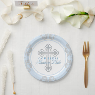 Elegant Silver Cross Blue Damask Boy Baptism Paper Plates