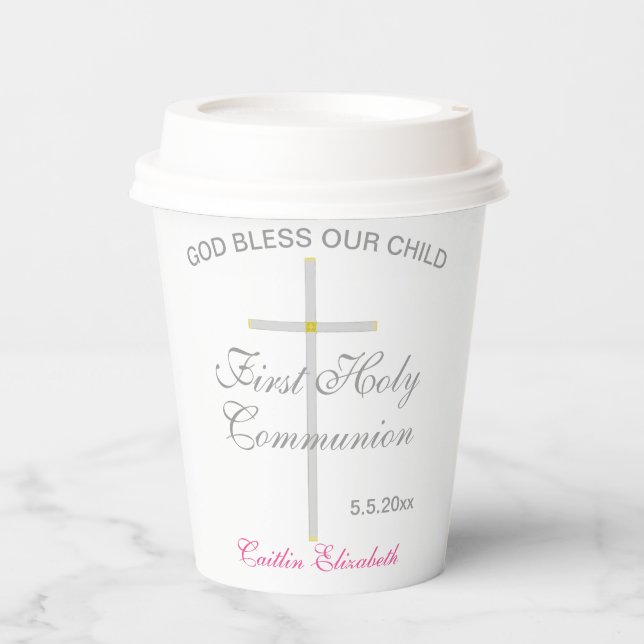 Elegant Silver Cross First Holy Communion Name Paper Cups (Front)