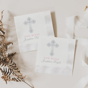 Elegant Silver Cross God Bless Girl Baptism Napkins