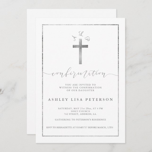 Elegant silver cross monogram confirmation invitation (Front/Back)
