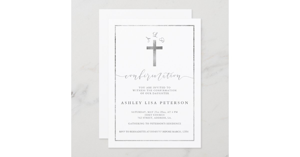 Elegant silver cross monogram confirmation invitation | Zazzle