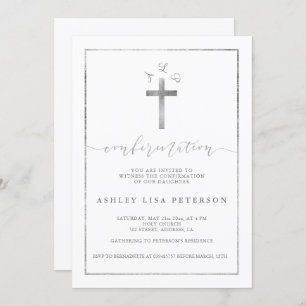 Elegant silver cross monogram confirmation invitation
